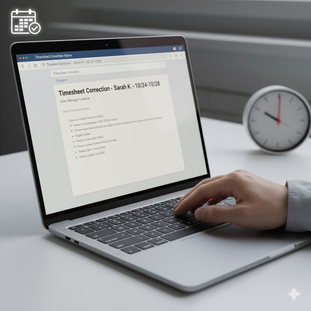 Person typing a timesheet correction email on a laptop, with a calendar icon, symbolizing quick action to fix payroll errors.
