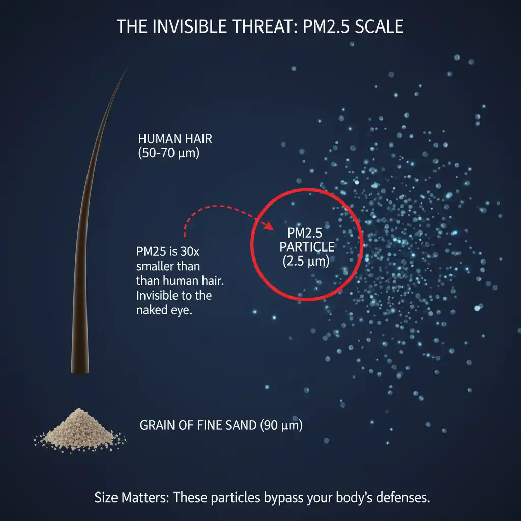 A microscopic view comparing the size of a PM2.5 particle to a human hair and a grain of sand, illustrating how incredibly small and invisible fine particulate matter is.
